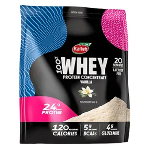 پودر پروتئین وی 650 گرم کاله پرو مدل 100% WHEY با طعم وانیل، 24 گرم پروتئین، 120 کالری، حاوی BCAA و گلوتامین، مناسب عضله‌سازی برای آقایان و خانم‌ها